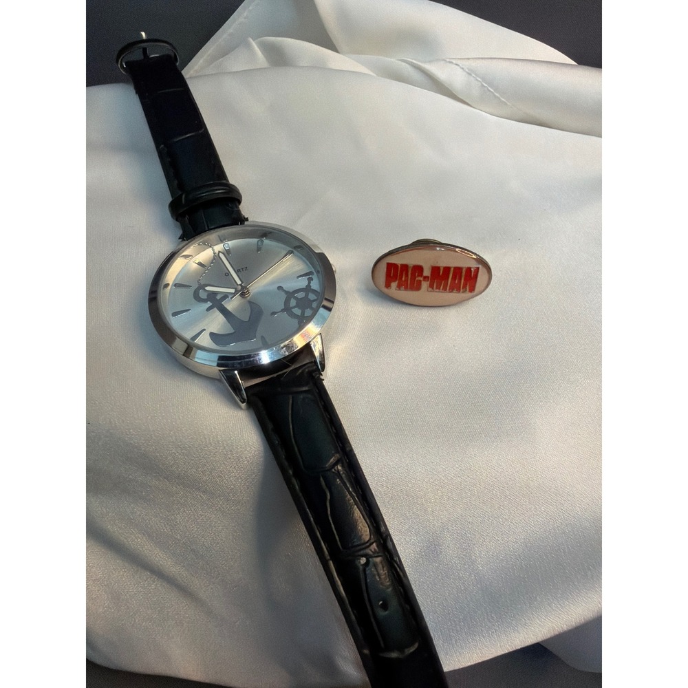 Nautical Anchor Quartz Watch Black Croc Strap and Vintage Pac-Man Logo Pin Set